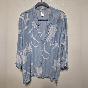Multiples Light Blue Floral Button-Down Shirt